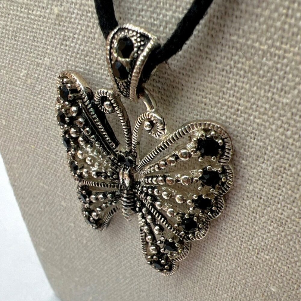 Black Butterfly Pendant Necklace & Two Black Bangle Bracelets. B100 - Picture 6 of 11